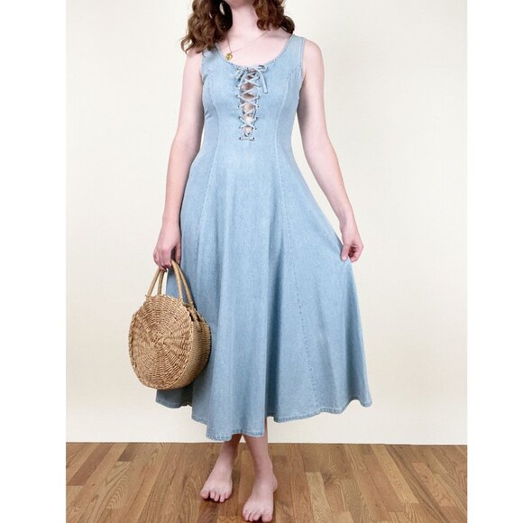 Vintage Lace Up Corset Midi Maxi Dress Summer Sun A-line Whimsigoth Cottagecore - Picture 9 of 10